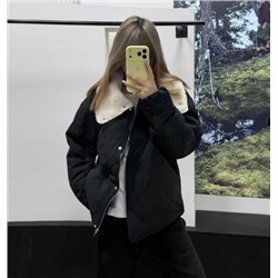 Пальто из хлопка свободного кроя с ромбовидной стёжкой и меховым воротником