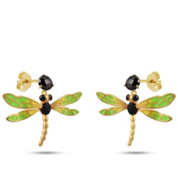 Серьги Стрекоза (эмаль зеленая, желтая, агат; покрытие матовое золото), Есть комплект