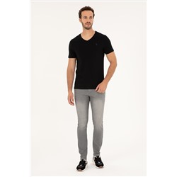 Erkek Slim Fit V Yaka Siyah Basic Tişört