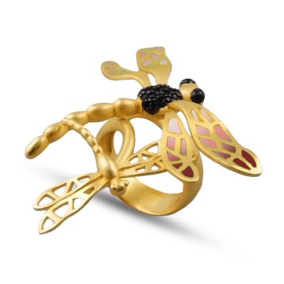 Кольцо Стрекоза (эмаль красная, розовая; покрытие матовое золото), Есть комплект