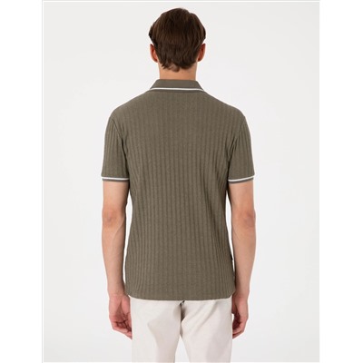 Haki Slim Fit Örme Dokulu Polo Yaka Tişört