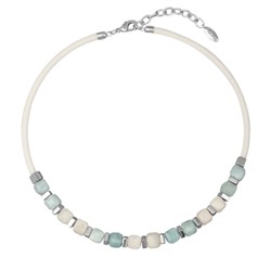 Колье Терра (аквамарин, кварц 9мм, каучук белый; покрытие родий) 40-45см, Есть комплект