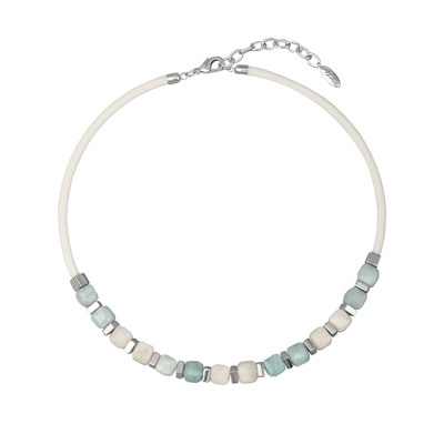 Колье Терра (аквамарин, кварц 9мм, каучук белый; покрытие родий) 40-45см, Есть комплект
