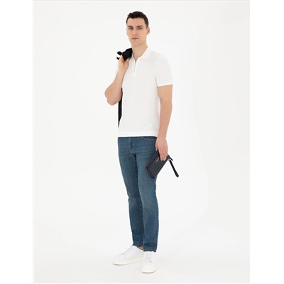 Beyaz Slim Fit Fermuarlı Polo Yaka Triko Tişört