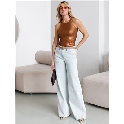 Топ с закрытым декольте из хлопка с эластаном в рубчик с матовым покрытием металлик