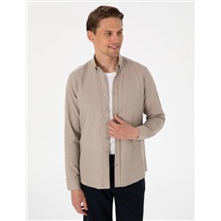 Vizon Keten Görünümlü Slim Fit Uzun Kollu Gömlek
