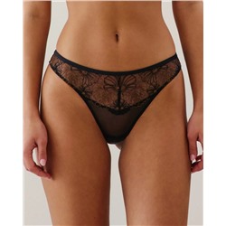 Tanga de malla con bordado floral en negro