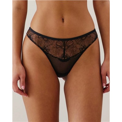 Tanga de malla con bordado floral en negro