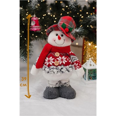 Игрушка новогодняя с выдвижными ногами Снеговик в шляпе с ягодой серо-красный