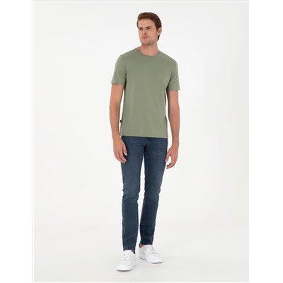 Haki %100 Pamuk Slim Fit Bisiklet Yaka Basic Tişört