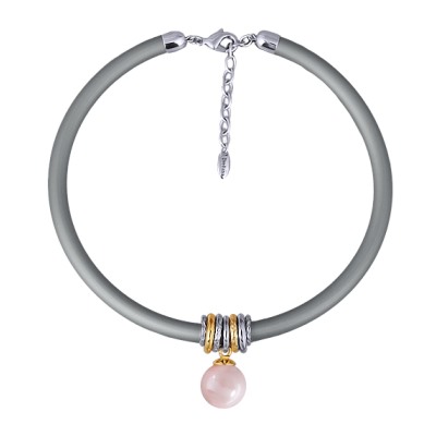 Колье Гевея (Майорка 16мм холодно-розовая; каучук серый; покрытие родий) 40-45см, Есть комплект