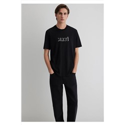Mavi Baskılı Siyah Tişört Loose Fit / Bol Rahat Kesim 0612686-900