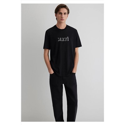 Mavi Baskılı Siyah Tişört Loose Fit / Bol Rahat Kesim 0612686-900
