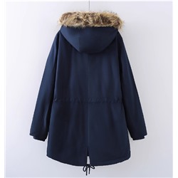 Женское свободное хлопковое пальто средней длины со съемным меховым воротником и капюшоном