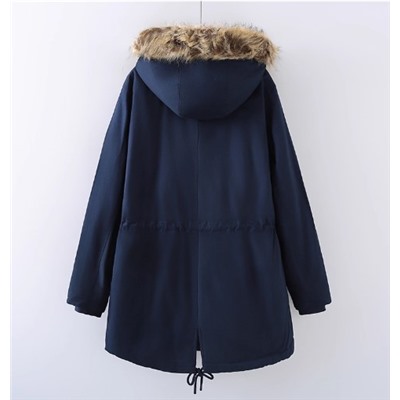 Женское свободное хлопковое пальто средней длины со съемным меховым воротником и капюшоном