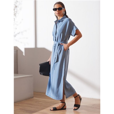 Длинное платье-рубашка с поясом и разрезами из джинсового лиоцелла