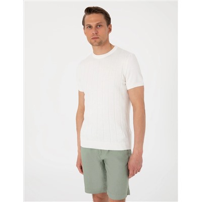 Ekru Slim Fit %100 Pamuk Bisiklet Yaka Triko Tişört