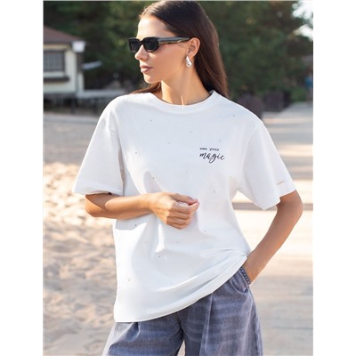 Удлиненная футболка over-size с  принтом стразами