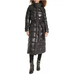 KARL LAGERFELD PARIS Karl Lagerfeld Womens Shine Hooded Belted Puffer Coat