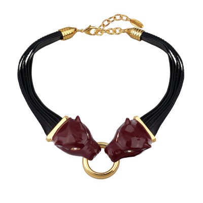 Колье Пантера (эмаль бургунди, кристаллы SW белые, кожа; золото) 54см, Есть комплект