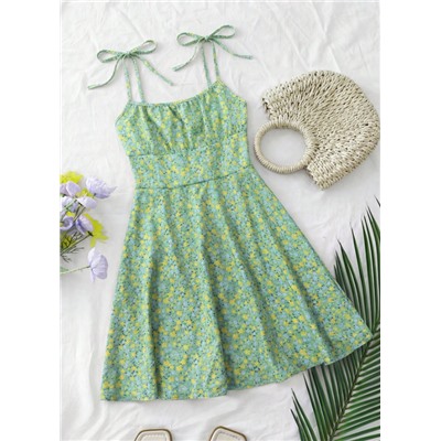 Breezaya Women's Ditsy Floral Ruched Bust Tie-Front Crop Cami Mini Dress