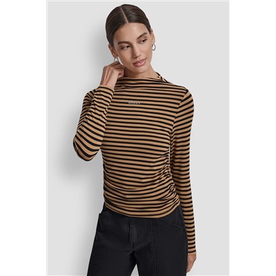 SIDE RUCHED HIGH NECK LONG SLEEVE TOP WITH RHINESTONE