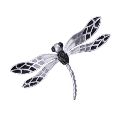 Брошь Стрекоза 10см (эмаль черная, серая; покрытие матовый родий), Есть комплект