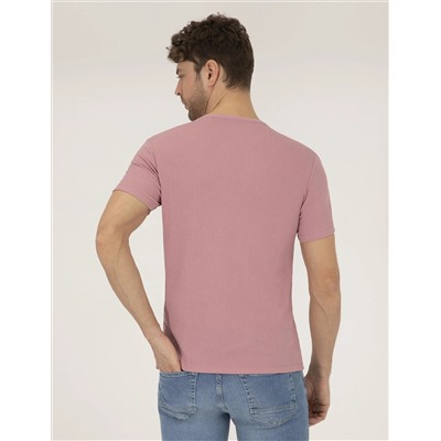 Pembe Slim Fit Dokulu Bisiklet Yaka Tişört