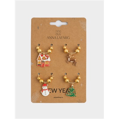 Подвеска для бокала, 4 шт, металл/стразы, Новогодние символы, New year