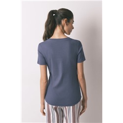 Camiseta manga corta algodón canalé azul