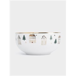 Пиала, 14x7 см, фарфор N, бело-золотистая, Домики и ели, Townlet
