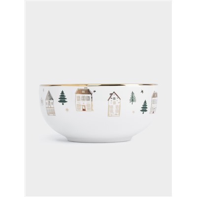 Пиала, 14x7 см, фарфор N, бело-золотистая, Домики и ели, Townlet