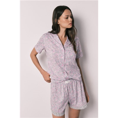 Pijama corto camisero algodón florecitas