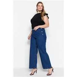 Trendyol Curve Mavi Yüksek Bel Düğme Detaylı Wide Leg Jeans TBBSS23CJ00000