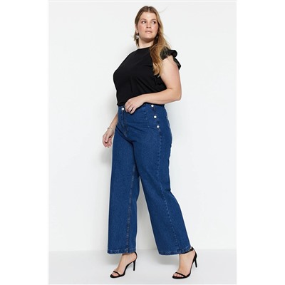 Trendyol Curve Mavi Yüksek Bel Düğme Detaylı Wide Leg Jeans TBBSS23CJ00000