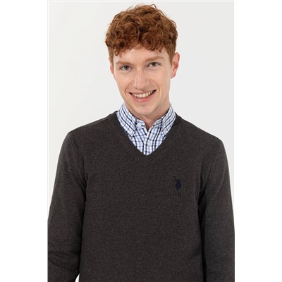 Erkek Antrasit Melanj V - Yaka Basic Triko Kazak