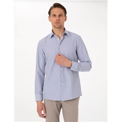 Mavi Slim Fit Çizgili Uzun Kollu Gömlek