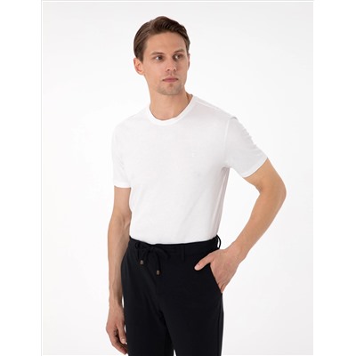 Ekru %100 Pamuk Slim Fit Bisiklet Yaka Basic Tişört