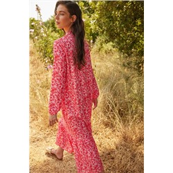 TRENDYOL MODEST Kırmızı Çiçekli Yarım Pat Etek Ucu Fırfırlı Astarlı Dokuma Elbise TCTSS21EL3353