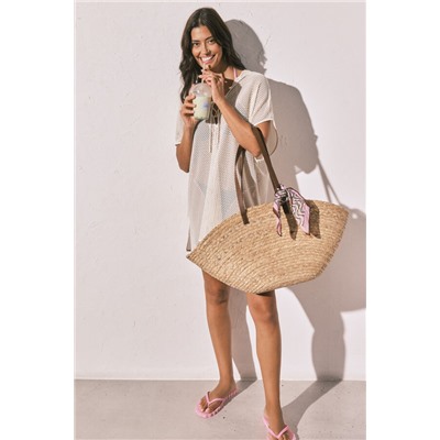 Túnica corta capucha efecto red beige