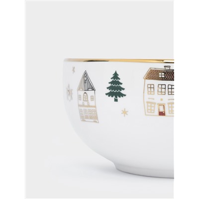 Пиала, 14x7 см, фарфор N, бело-золотистая, Домики и ели, Townlet