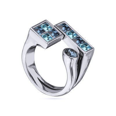 Кольцо Квадро (кристаллы SW джинс, аквамарин; покрытие родий), Есть комплект