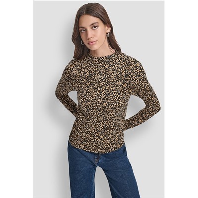 SIDE RUCHED HIGH NECK LONG SLEEVE TOP WITH RHINESTONE