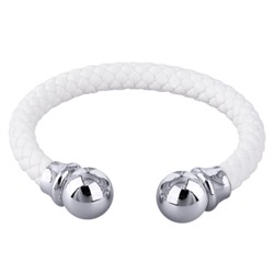 Браслет Дуэт (бусина 14мм, кожа белая; покрытие родий), Есть комплект