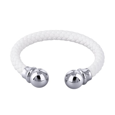 Браслет Дуэт (бусина 14мм, кожа белая; покрытие родий), Есть комплект