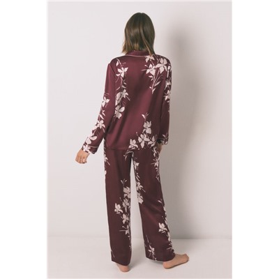 Pijama camisero largo floral granate