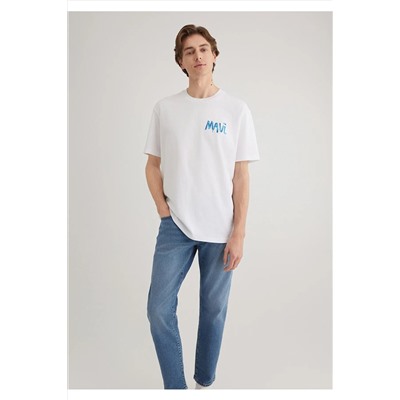 Mavi Baskılı Beyaz Tişört Loose Fit / Bol Rahat Kesim 0612468-620