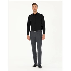 Siyah Slim Fit Armürlü Uzun Kollu Gömlek