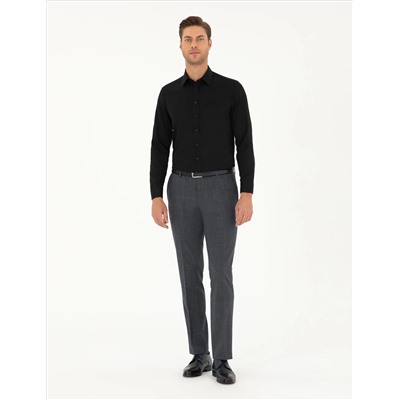 Siyah Slim Fit Armürlü Uzun Kollu Gömlek