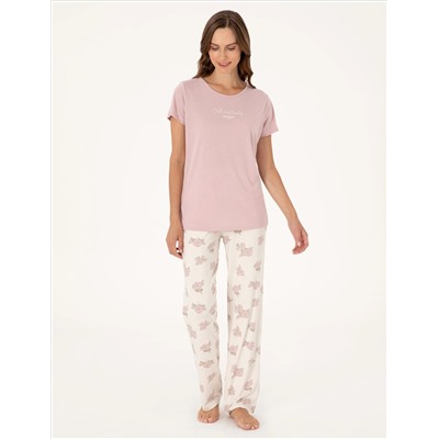 Pudra Kısakollu Pijama Takımı